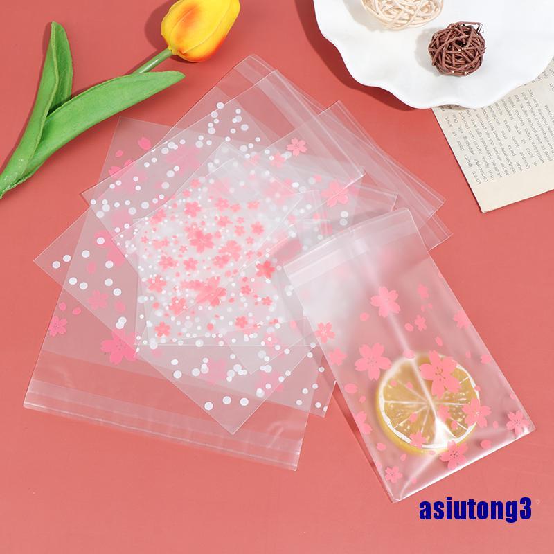 (asiutong3) 100Pcs/Set Dots Cherry Blossoms Cookie Candy Bag Plastic Package Holder Gift