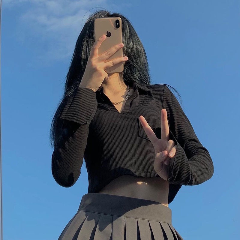 Áo Thun Lửng Tay Dài Có Cổ Phong Cách Hàn Quốc Hợp Thời Trang Cho Nữ