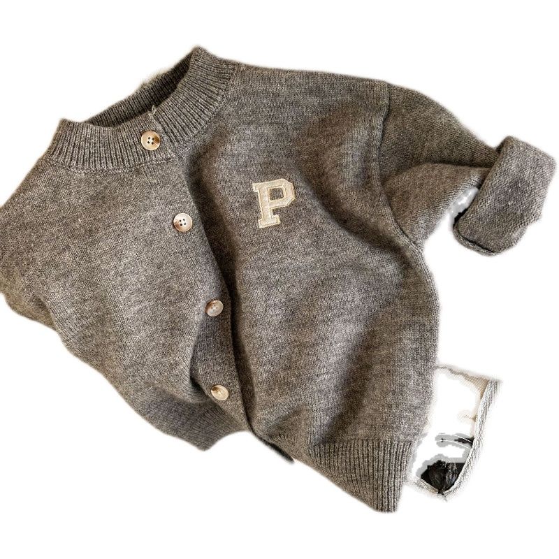 Hàng Mới Về Áo Khoác Cardigan Len Màu Trơn In Chữ Phong Cách Hàn Quốc Thời Trang Mùa Xuân Cho Bé Trai / Gái