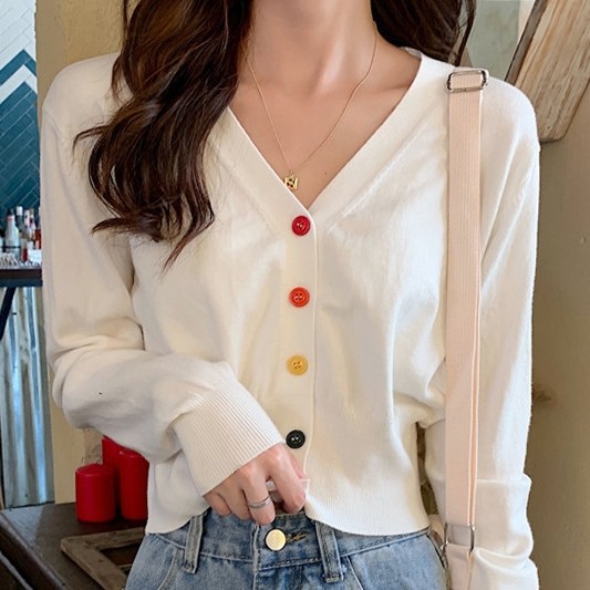 Áo cardigan len nút màu cổ chữ V tay dài freesize phong cách Hàn Quốc trẻ trung cho nữ hàng Quảng Châu
