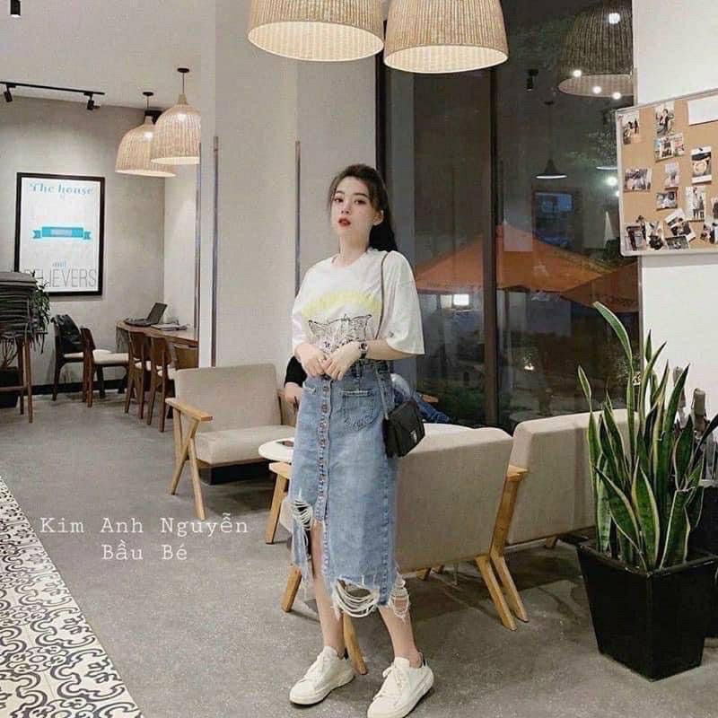 CHÂN VÁY BÒ RÁCH KHUY DÁNG DÀI LỆCH GẤU | BigBuy360 - bigbuy360.vn