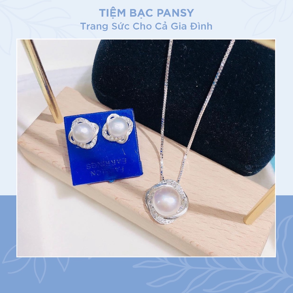 Bộ trang sức bạc nữ PANSY đính ngọc trai nhân tạo, Bộ 2 món dây chuyền bông tai bạc ta cao cấp