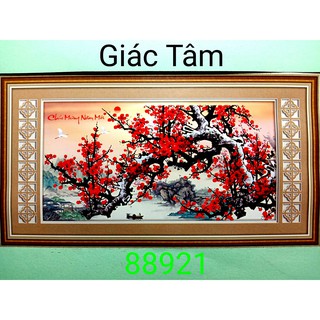 Tranh thêu CHÚC MỪNG NĂM MỚI - 67x37cm - 88921 - CẢNH CÂY HOA MAI NHÀ GHE XUỒNG SÔNG NÚI - tranh thêu chữ thập chưa thêu
