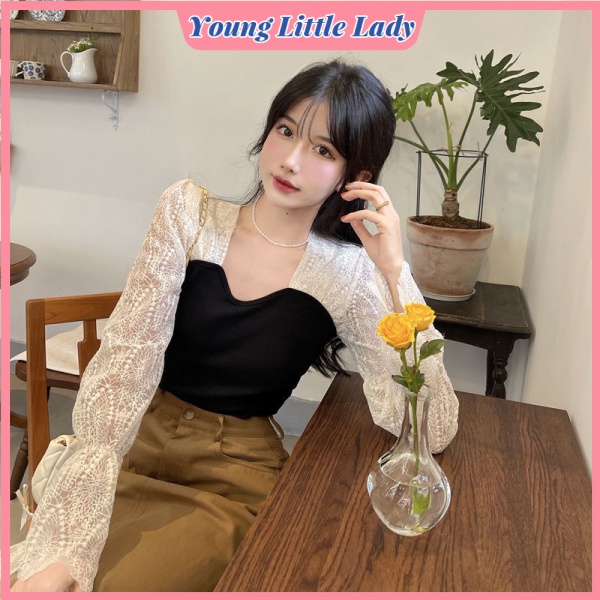 Áo Nữ Cổ Vuông Phối Ren Phong Cách Mùa Thu Pháp Mới