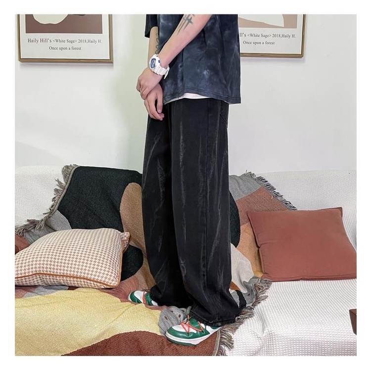 Quần Jeans Dài Ống Rộng Họa Tiết Màu Loang Phong Cách Retro Thời Trang Cho Nam