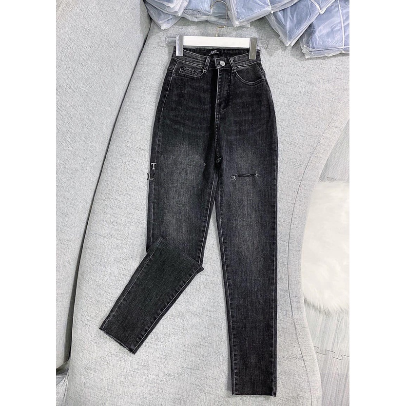 [ CHÚA JEANS ] QUẦN SKINNY JEANS GIÃN DÀI NỮ LƯNG CAO MÀU XÁM ĐẬM RÂU MÈO RÁCH ĐÙI TRÁI LAI CUỐN CAO CẤP NITIQC
