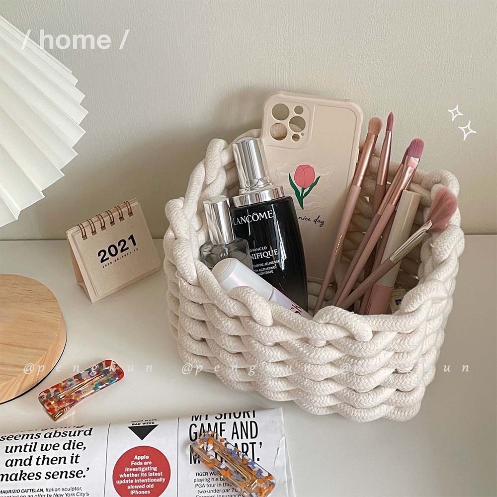 Giỏ Đựng Đồ Bằng Vải Cotton Dệt Tay Màu Trắng Đơn Giản Tinh Tế