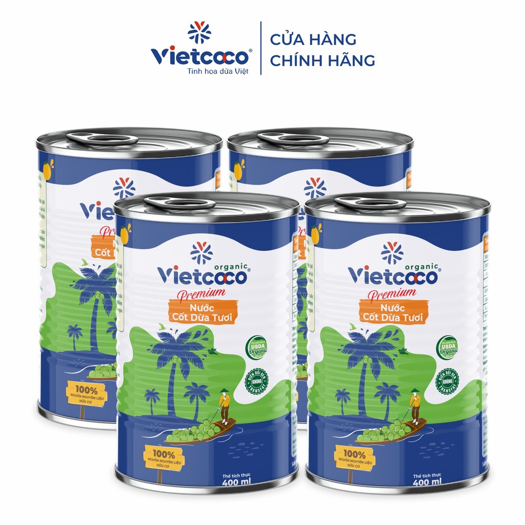 COMBO 4 Nước cốt dừa tươi ORGANIC Vietcoco - 400ml/Lon