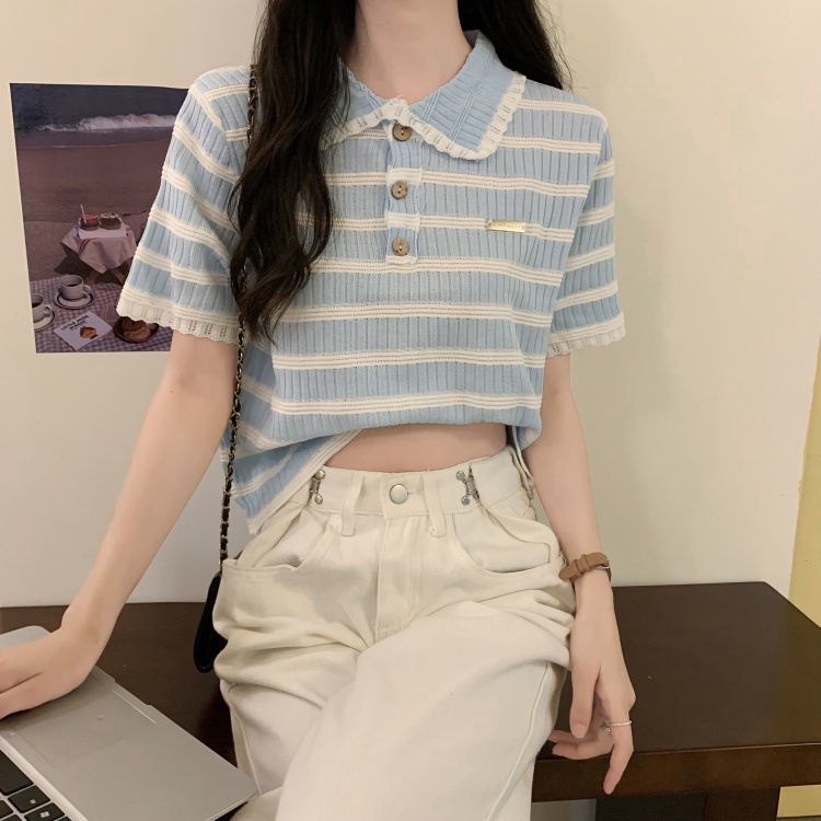 Áo polo Dệt Kim Tay Ngắn Họa Tiết Kẻ Sọc Màu Sắc Tương Phản Thời Trang Mùa Hè 2022 Cho Nữ