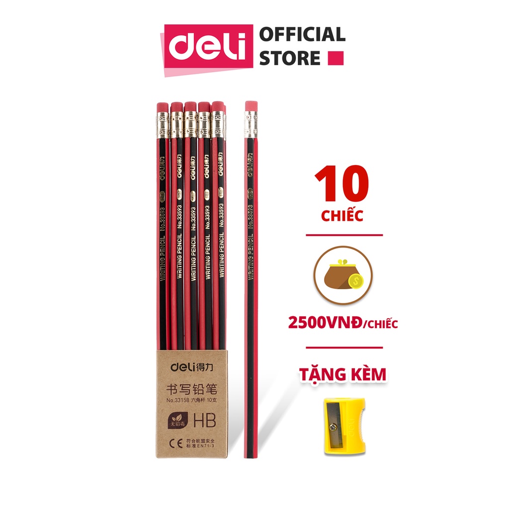 Vỉ 10 bút chì lục giác Deli 2B/HB kèm đầu tẩy - chất liệu gỗ an toàn dễ gọt phù hợp với học sinh văn phòng 33158