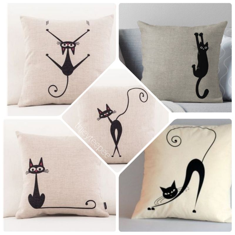 Gối thêu hình con mèo, Gối ôm, Gối Sofa vải linen, Gối tựa trang trí nhà cửa Decor, phong cách tối giản