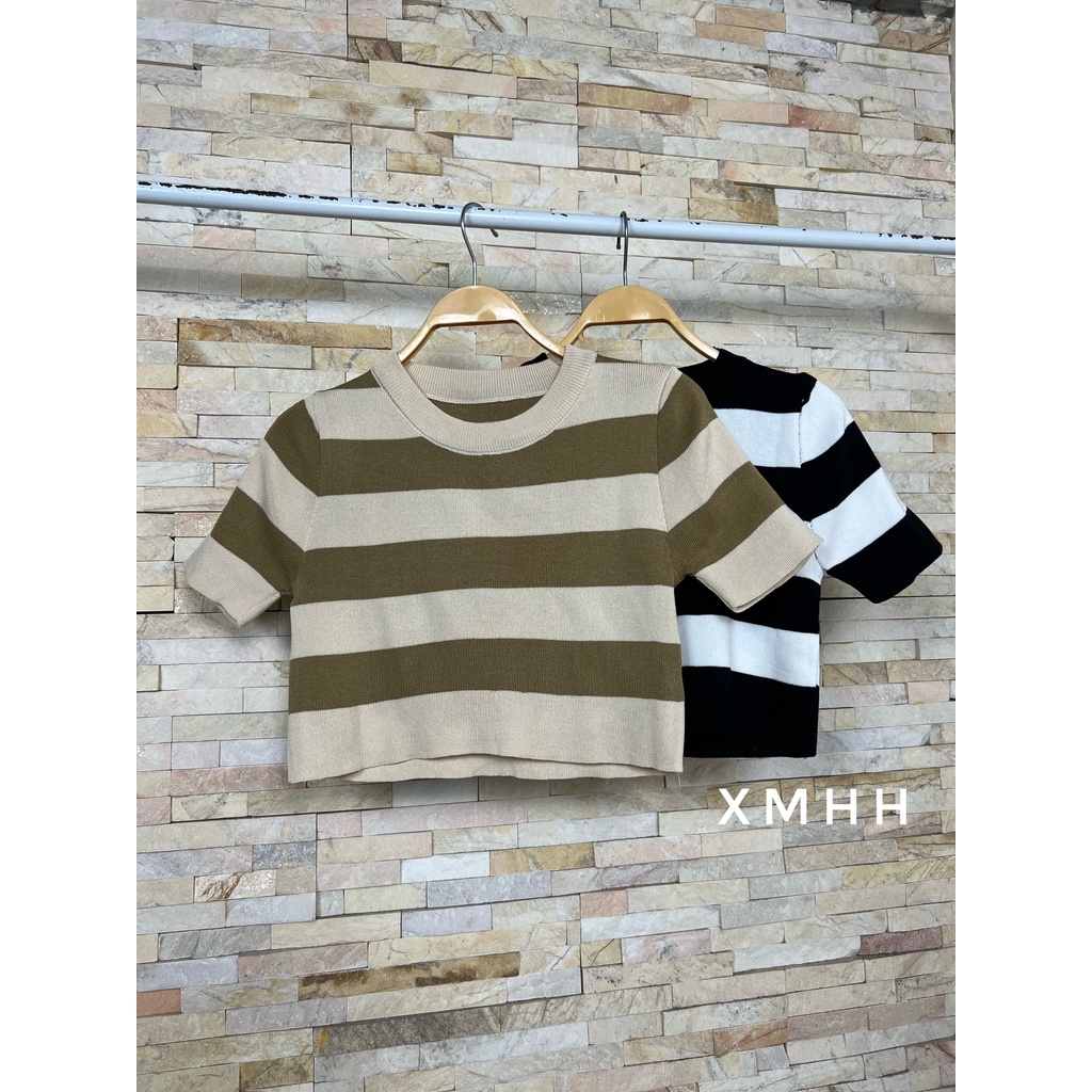 Áo croptop cộc tay kẻ ngang chất len Hàng Quảng Châu loại 1