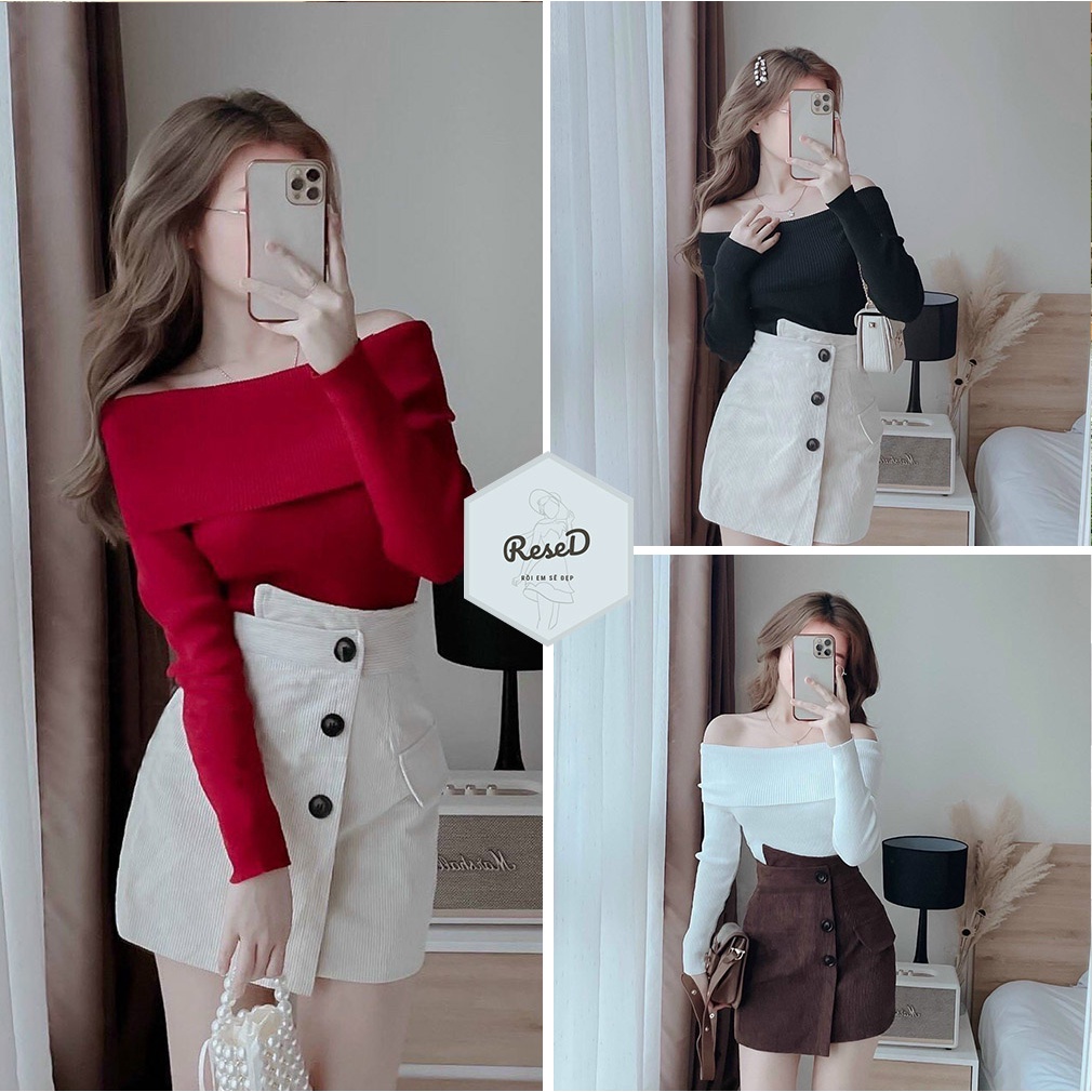Set áo len trễ vai mix chân váy nhung tăm thời trang [Kèm ảnh thật]
