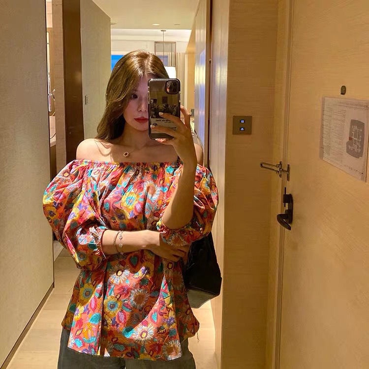 Áo Trễ Vai Tay Phồng Họa Tiết Hoa Hướng Dương Thời Trang Phong Cách Hàn Quốc Mới Cho Nữ