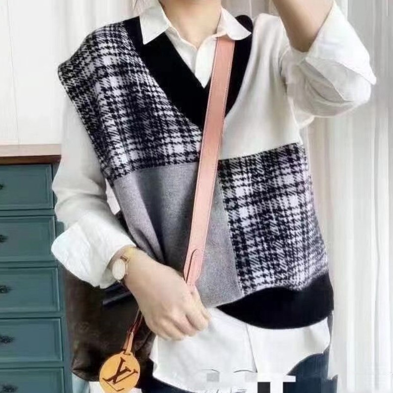 Áo Len Không Tay Cổ Chữ v Form Rộng Họa Tiết Sọc Caro Phong Cách Retro Hàn Quốc