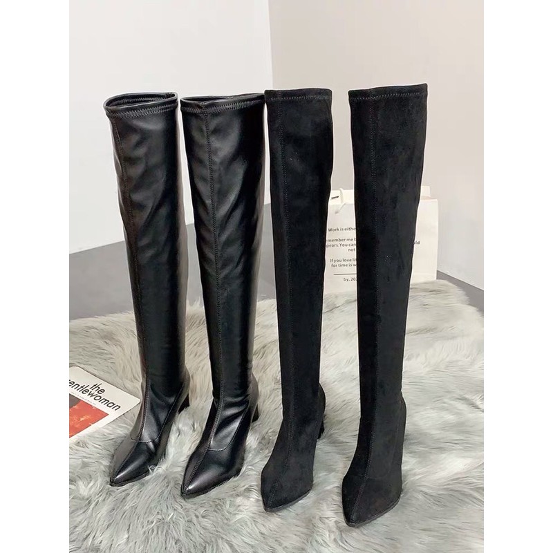 Bốt đùi nữ mũi nhọn da lộn lót lông ôm chân gót cao 7cm không khoá