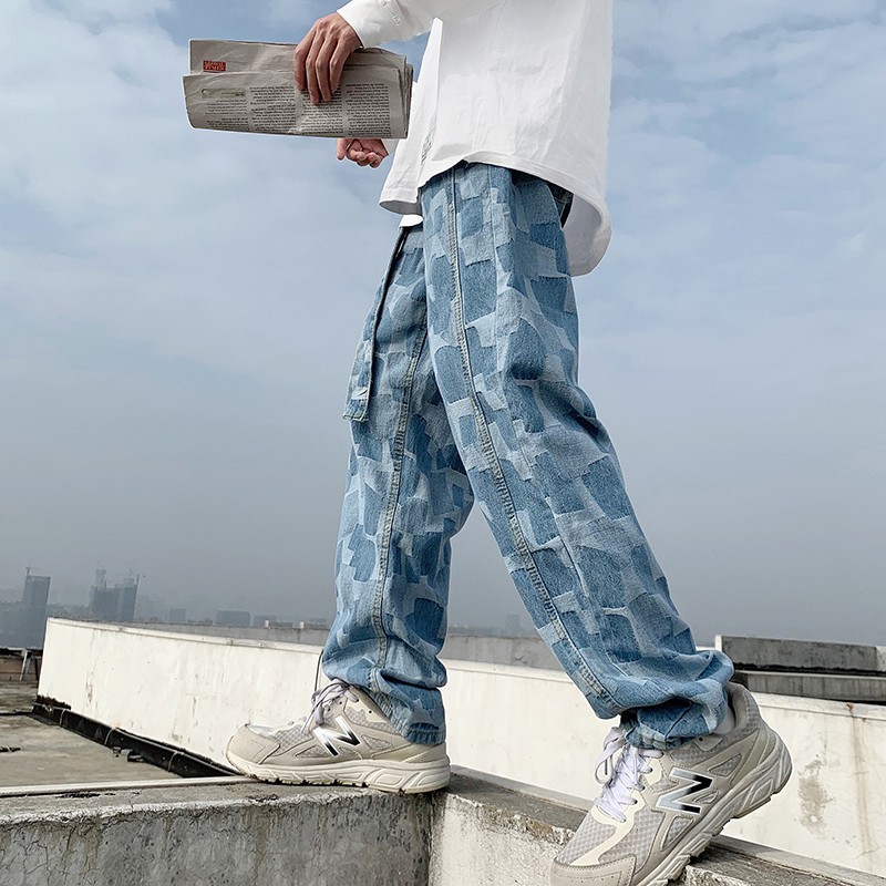 [có sẵn]Quần jeans họa tiết kèm dây lưng phong cách hiphop J8