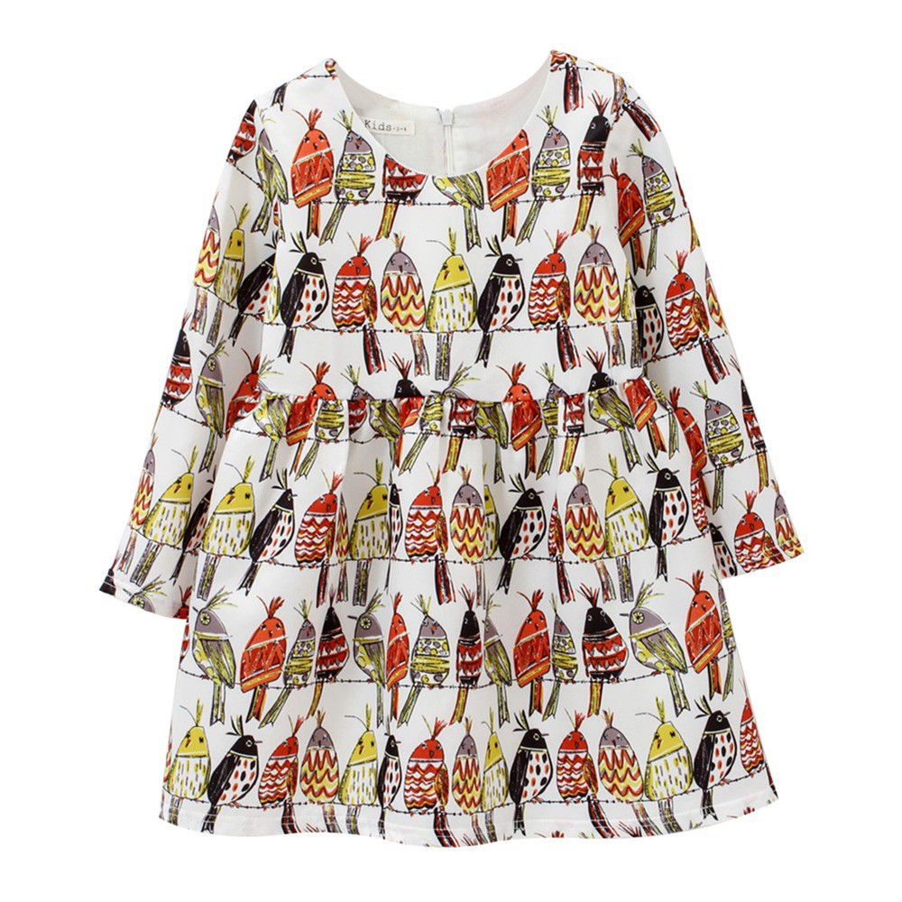 Đầm Sanlutoz dài tay in họa tiết chim hoạt hình đáng yêu cho bé gái