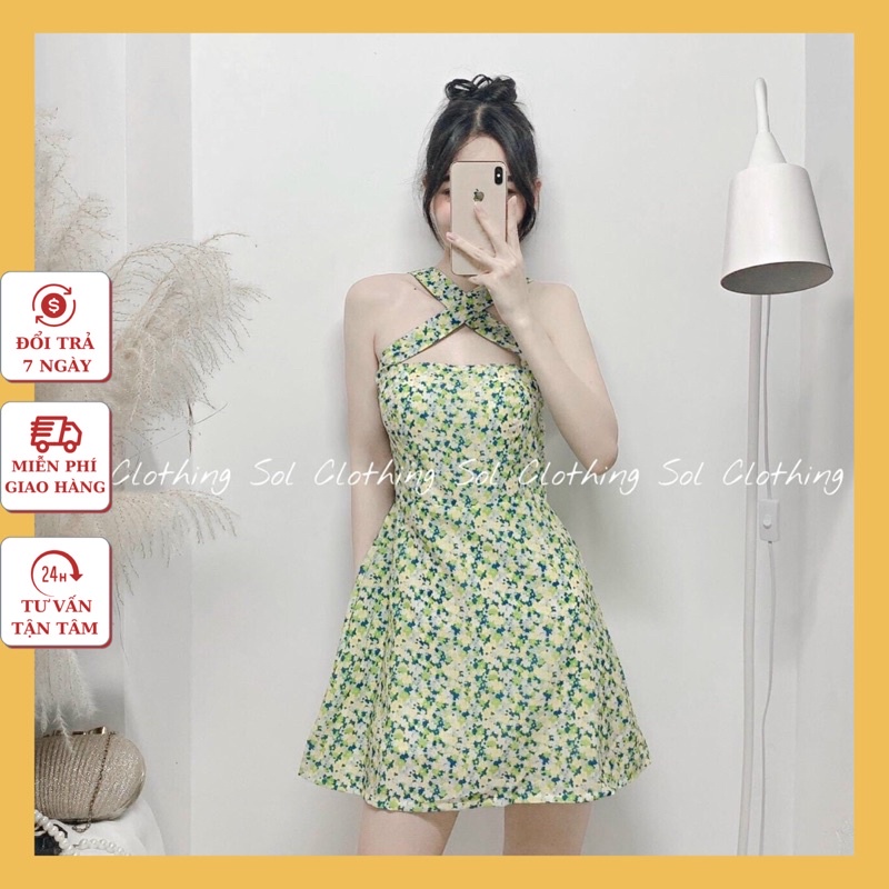 Set Đầm Hoa Xanh Cổ Yếm Kèm Khoác
