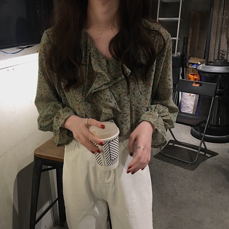 Áo sơ mi GENAISHA tay dài dáng rộng chất liệu vải voan in họa tiết thời trang cá tính cho nữ