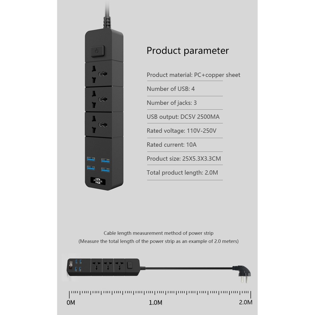 3 Ổ + 4USB 3.1A Ổ cắm điện thông minh cao cấp T08, dây dài 2m, 4 USB 3 phích cắm, công suất 2500W chống giật, lõi đồng