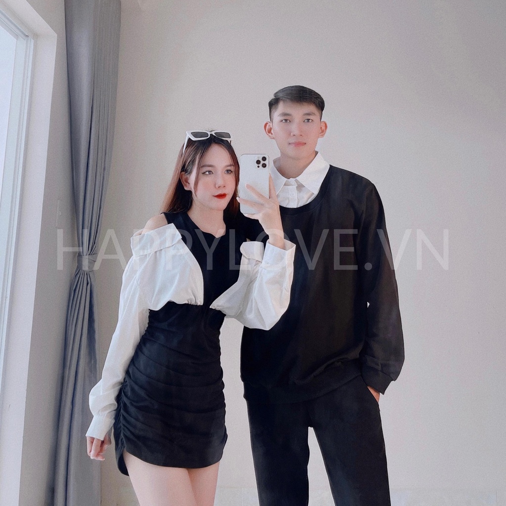 Set đồ đôi nam nữ Couple Áo nam Váy nữ màu đen phối kiểu sơ mi Hàn quốc HAPPYLOVE, Đồ cặp đôi unisex hàng Quảng Châu H31