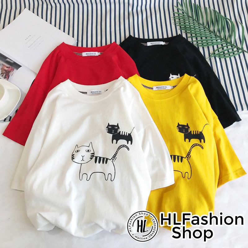 Áo thun tay lỡ form rộng 2 chú mèo ngây ngô, áo phông form rộng size HLFashion | BigBuy360 - bigbuy360.vn