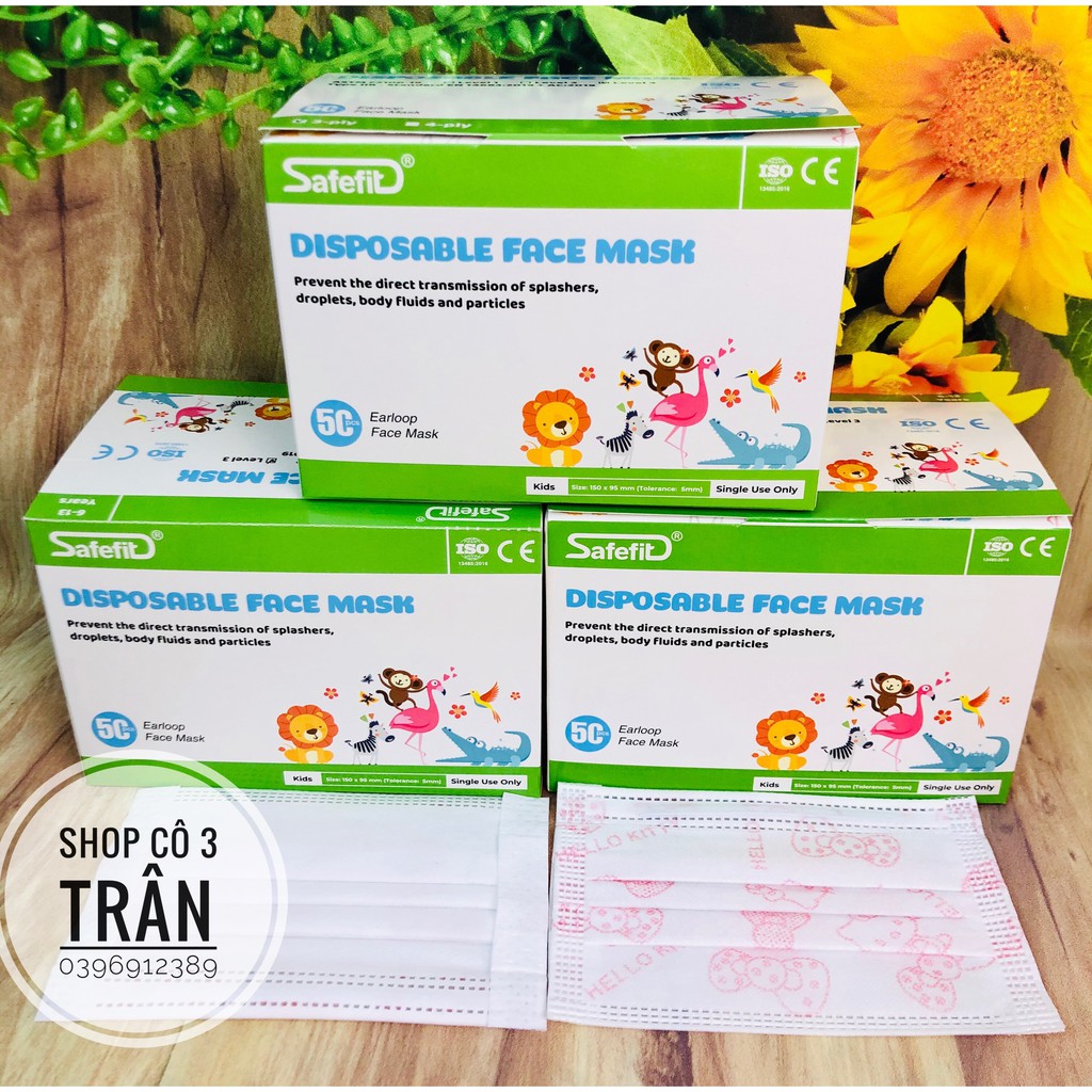Khẩu trang cho bé 3 lớp hộp 50 cái cho bé từ 6 – 13 tuổi - Khẩu trang kháng khuẩn Safefit