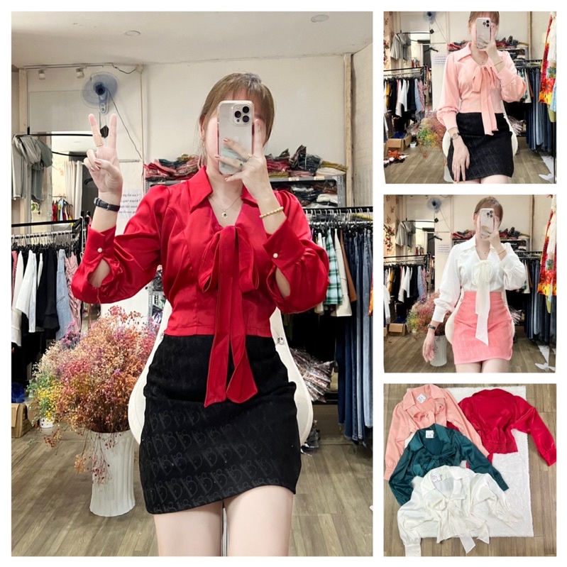Hình thật - Áo lụa kiểu cổ sơ mi nơ ⚡ FREESHIP ⚡ áo thiết kế nhiều màu nhiều size chất siêu mát, dày mịn