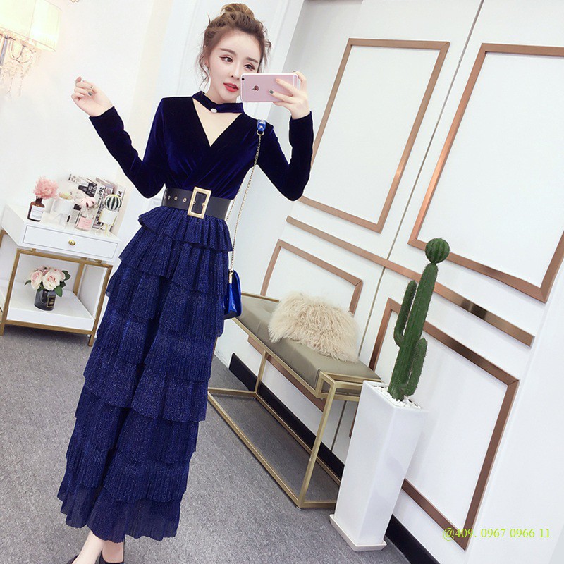 (SẴN ĐỎ VÀ XANH L) @409. Váy nhung xòe đai cổ chocker (FEEDBACK+HÌNH THẬT 3 ẢNH CUỐI)