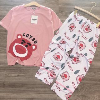 Bộ ngủ áo cotton hồng quần dài