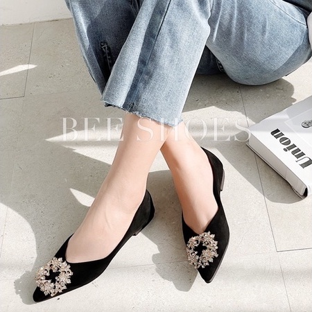 BEESHOES - GIÀY BÚP BÊ NỮ MŨI NHỌN - GIÀY BÚP BÊ NỮ DA LỘN ĐẾ BỆT SẴN MÀU ĐEN 211125