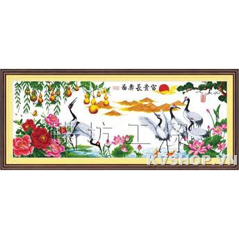 Tranh Thêu Chữ Thập Phú Quý Trường Thọ - Hạc Mẫu Đơn Hồ Lô Sen < YZ704 > Chưa Thêu