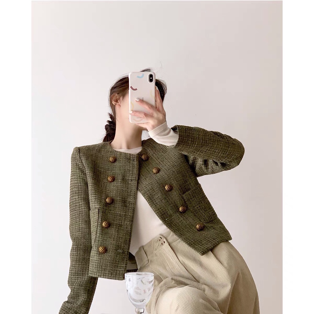 Áo dạ tweed màu xanh rêu (áo có đệm vai , kèm móc , túi phủ) kèm viddeo ảnh thật