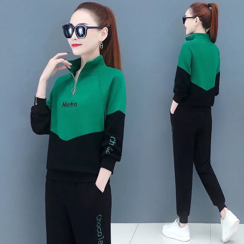 Áo nỉ nữ dài tay cổ tròn + quần dài lưng cao ống rộng thời trang Hàn