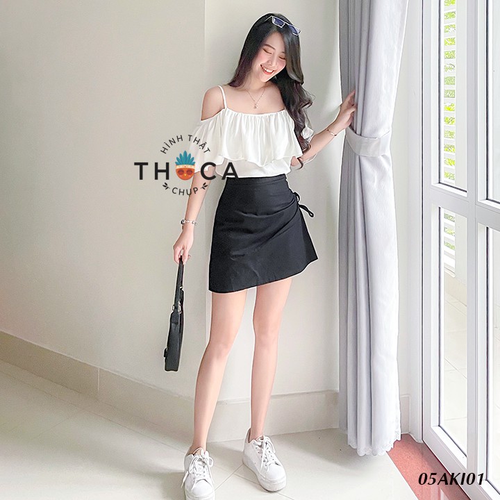 Áo voan kiểu trễ vai trơn trắng, xanh, đen THOCA HOUSE xinh xắn tặng kèm buộc tóc