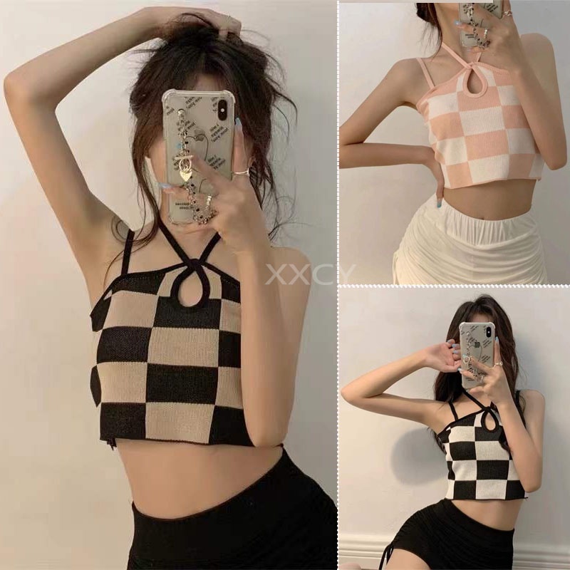 Áo Hai Dây Vải cotton Họa Tiết Sọc Caro Thời Trang Mùa Hè Cho Nữ