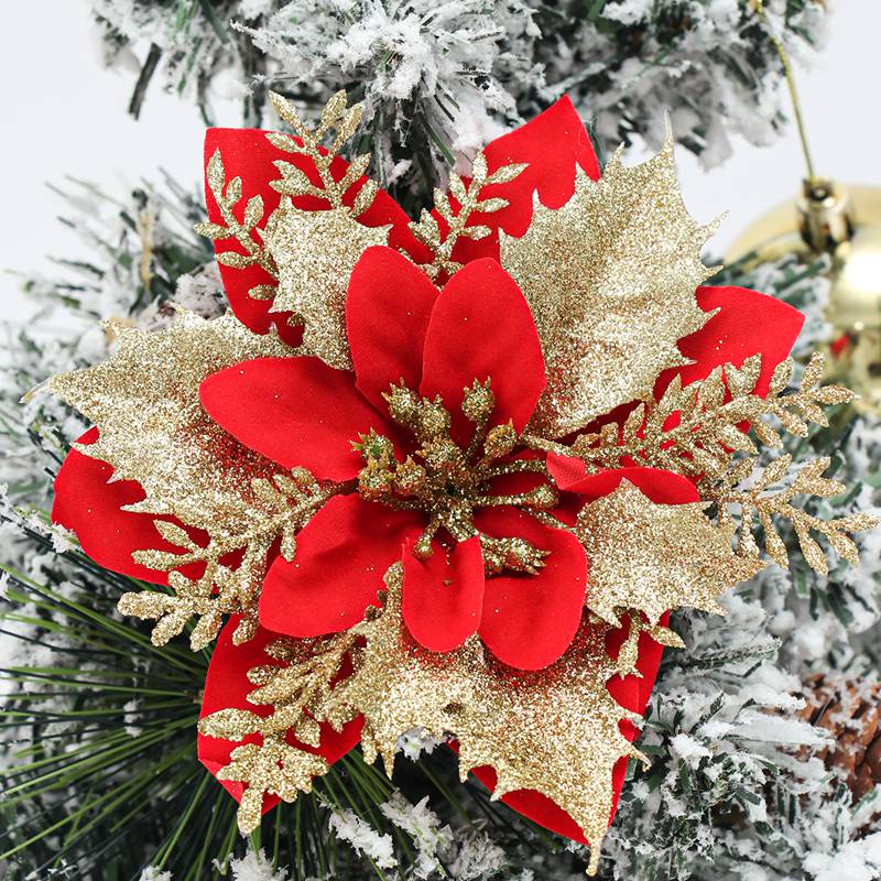 Bộ 5 Bông Hoa Nhân Tạo Lấp Lánh 14cm Trang Trí Giáng Sinh / Năm Mới / Giáng Sinh