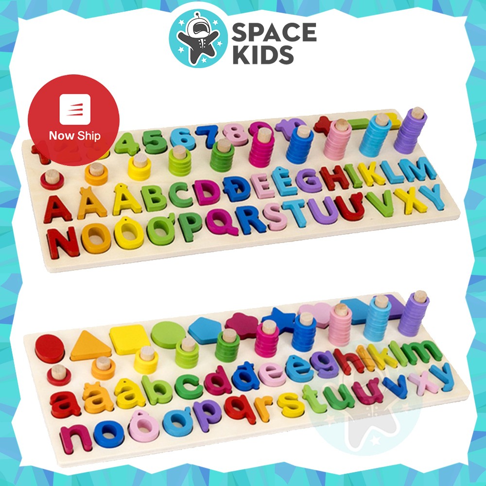 Đồ chơi cho bé Bảng gỗ 3 trong 1 bảng chữ cái tiếng việt, hình khối, chữ số và cột tính xếp hình cho bé Space Kids