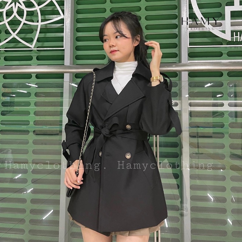 Áo mangto dáng dài lửng Hamy A-33 đai lưng hai lớp màu đen be nâu