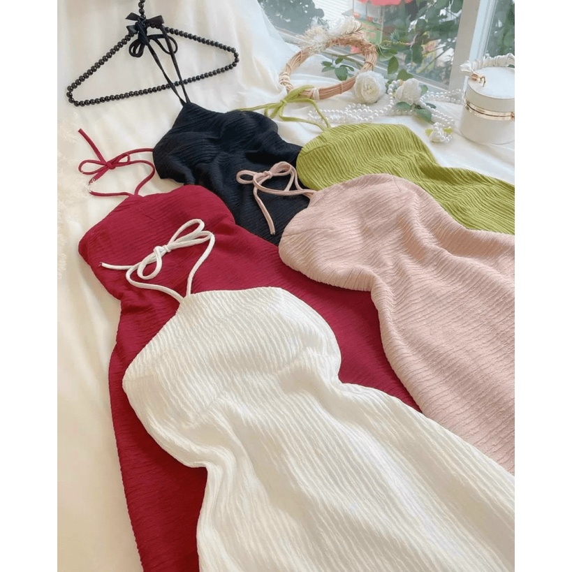 Đầm Nữ Cổ Yếm Cột Dây Đan Chéo Lưng Phối Tùng Xẻ Quyến Rũ Tôn Dáng HOt