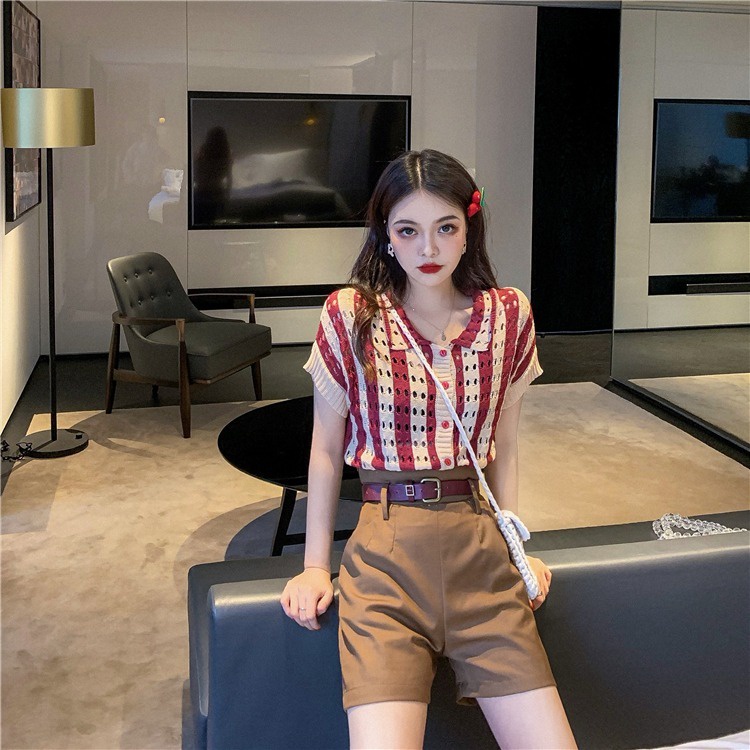 Áo khoác cardigan ZHELIHANGFEI dệt kim tay ngắn cổ polo khoét rỗng thời trang