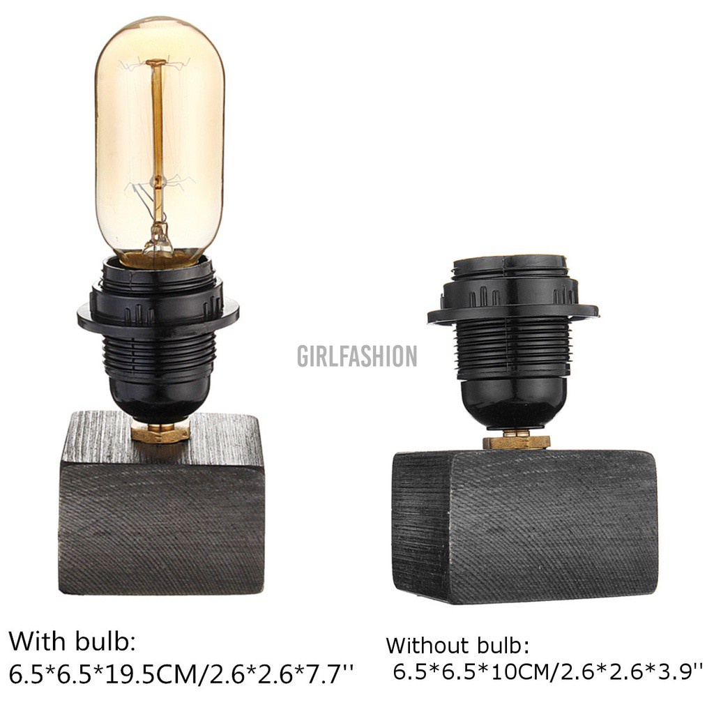 Industrial Style Wooden Block Bedside / Lounge Table Lamp + LED Vintage Bulb
