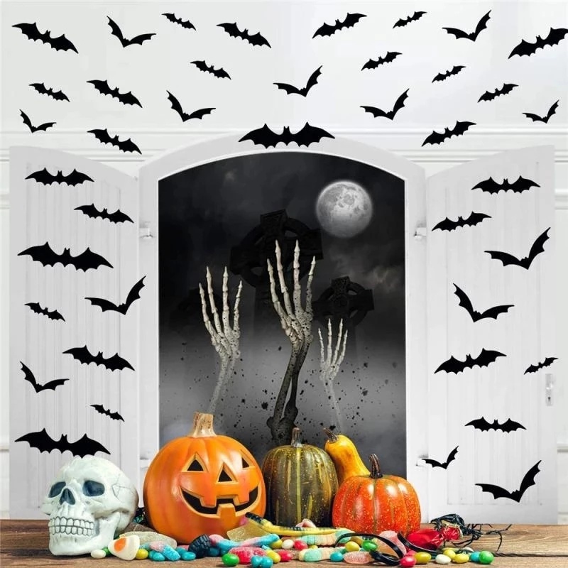 Set 12 Sticker Dán Tường Hình Dơi 3D Bằng Giấy Màu Đen Đáng Sợ Trang Trí Halloween
