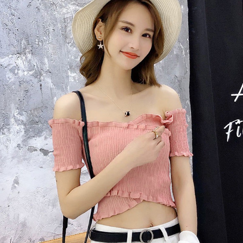 Áo dệt kim ngắn tay vai ngang phối bèo gợi cảm dành cho nữ