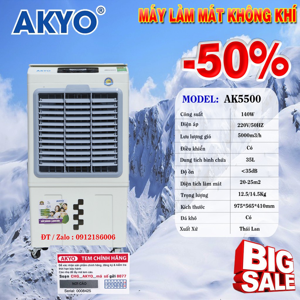 QUẠT ĐIỀU HÒA KHÔNG KHÍ AKYO INVERTER AK5500 Model 2020 - Hàng chính hãng nhập khẩu Thái Lan giảm giá đặc biệt