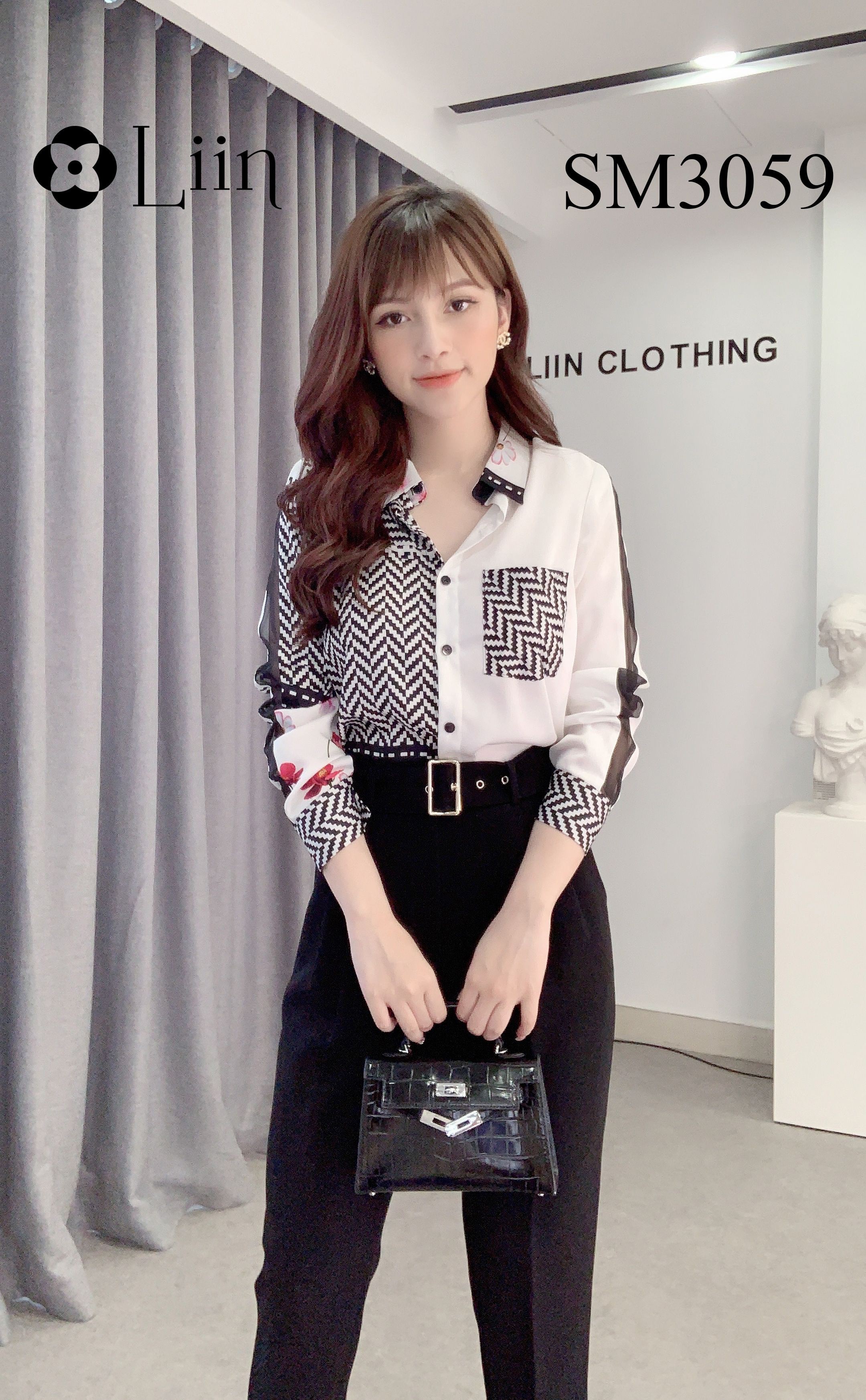 Áo sơ mi phối họa tiết kẻ zizac kết hợp Tay Hoa cách điệu thời trang Liin Clothing SM3059