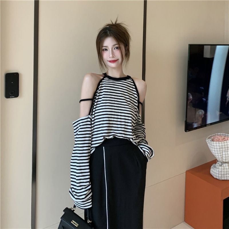 Jiashucheng Áo Thun Dài Tay Họa Tiết Sọc Ngang Thời Trang Dành Cho Nữ