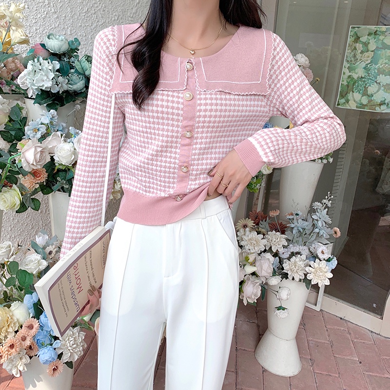 Áo dệt kim tay dài dáng rộng kẻ sọc caro hàng nút mới cho nữ