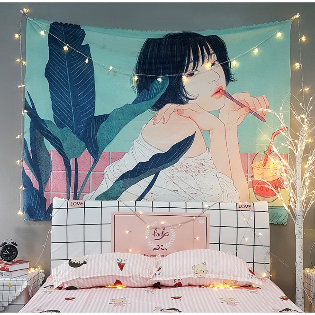 Thảm treo tường trang trí/ Vải treo tường decor hình cô gái đáng yêu/Tapestry hanging cloth/ Wall Tapestry(150x130cm)